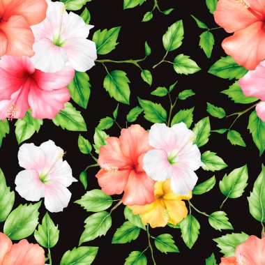 Botanik çiçeği ve yeşil yapraklar pürüzsüz desen tasarımı