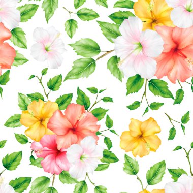 Botanik çiçeği ve yeşil yapraklar pürüzsüz desen tasarımı