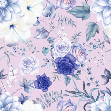 Klasik dikişsiz suluboya çiçek ve yapraklar.