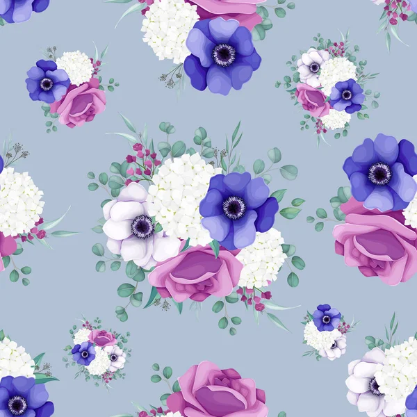 Botanical Floral Poppy Anemone Flowers Rose Seamless Pattern Design — стоковый вектор