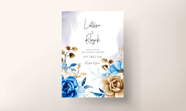 Mavi ve kahverengi çiçekli suluboya düğün davetiyesi şablonu