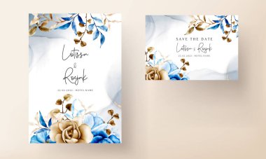 Mavi ve kahverengi çiçekli suluboya düğün davetiyesi şablonu