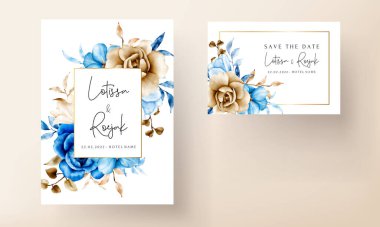 Mavi ve kahverengi çiçekli suluboya düğün davetiyesi şablonu