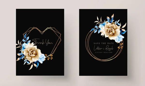 Plantilla Invitación Boda Acuarela Con Flores Azul Marrón — Vector de stock