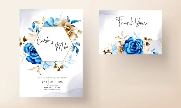 Modelo Convite Casamento Aquarela Com Floral Azul Marrom — Vetor de Stock