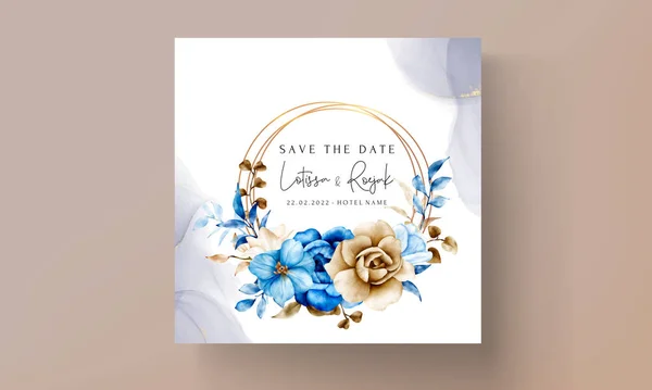 青と茶色の花と水彩結婚式の招待テンプレート — ストックベクタ