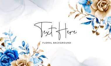 Mavi ve kahverengi çiçekli suluboya arka plan şablonu ve yaprakları