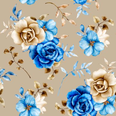 Çiçeksiz suluboya desenli mavi ve kahverengi çiçekli ve yapraklı