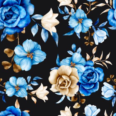 Çiçeksiz suluboya desenli mavi ve kahverengi çiçekli ve yapraklı