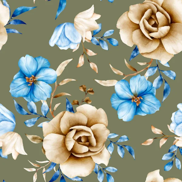 Watercolor Floral Seamless Pattern Blue Brown Flower Leaves — Stockový vektor