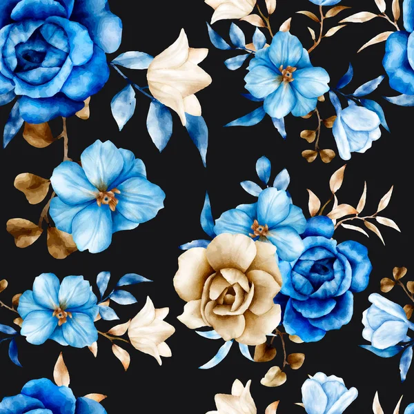 Çiçeksiz suluboya desenli mavi ve kahverengi çiçekli ve yapraklı