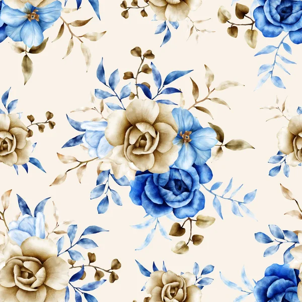 Çiçeksiz suluboya desenli mavi ve kahverengi çiçekli ve yapraklı