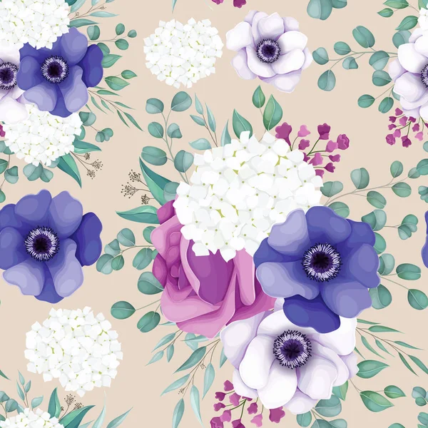 美しい白と紫の花のシームレスなパターン — ストックベクタ