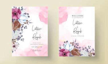 Güzel çiçekli ve yapraklı boho düğün davetiyesi