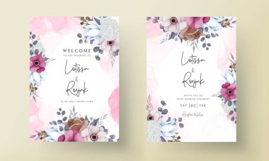 Güzel çiçekli ve yapraklı boho düğün davetiyesi