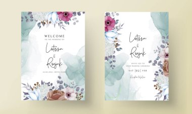 Güzel çiçekli ve yapraklı boho düğün davetiyesi