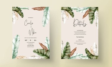 Zarif el, suluboya tropikal yapraklar çizerek davetiye kartı şablonu