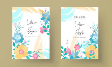 Pastel renkli güzel, düz, çiçekli düğün davetiyesi tasarımı.