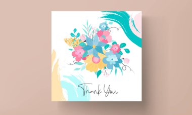 Pastel renkli güzel, düz, çiçekli düğün davetiyesi tasarımı.