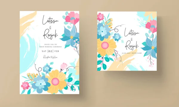Schöne Süße Flache Florale Hochzeitseinladungskarte Design Mit Pastellfarbe — Stockvektor