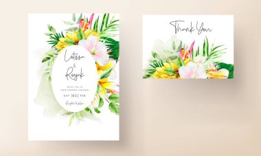 Tropikal çiçekli ve yapraklı yaz davetiyesi