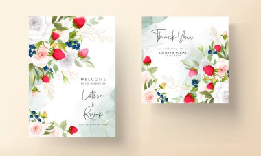 Güzel gül çiçeği düğün davetiyesi botanik çilek ve yabanmersinli
