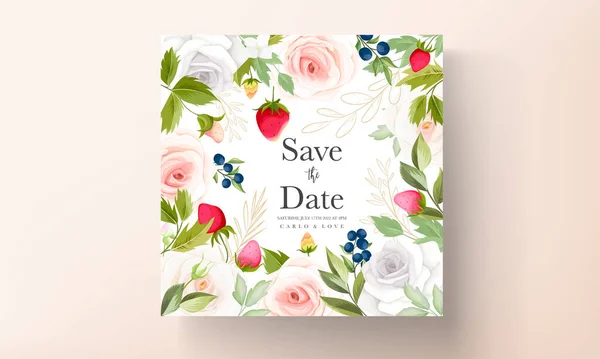 Beautiful Rose Flower Wedding Invitation Card Botanical Strawberry Blueberry — Stock Vector
