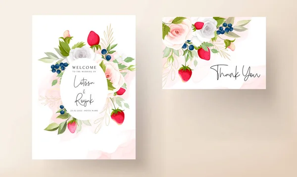 Schöne Hand Zeichnung Rosen Blume Hochzeitseinladungskarte Mit Erdbeere Und Beere — Stockvektor