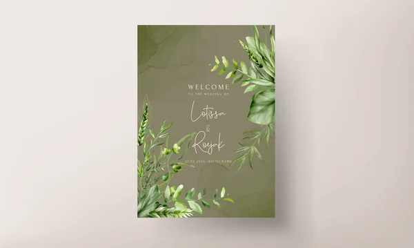 Beautiful Watercolor Greenery Leaves Wedding Invitation Card — Stock Vector