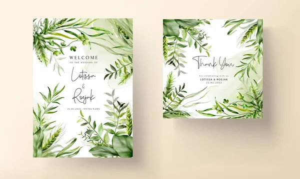 Mooie Aquarel Groen Bladeren Bruiloft Uitnodiging Kaart — Stockvector