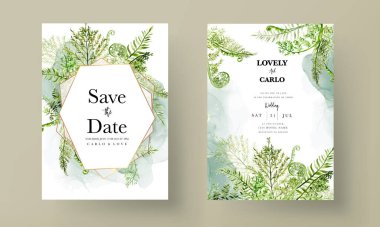 Yeşil suluboya eğrelti otu yapraklı zarif düğün davetiyesi şablonu