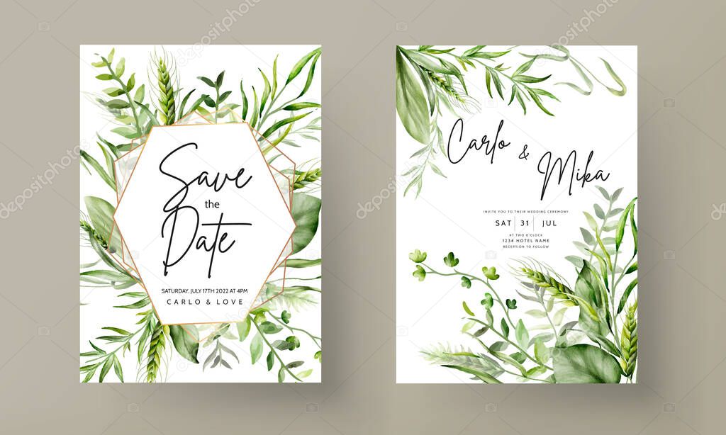 elegant watercolor greenery grass and leaves wedding invitation card set template