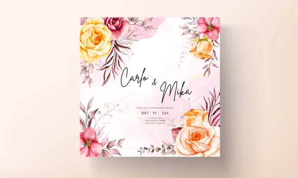 Modèle Carte Invitation Mariage Avec Belle Fleur Couleur Chaude Floral — Image vectorielle