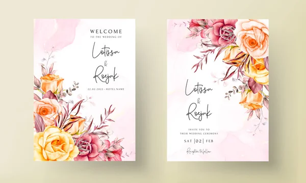 Bruiloft Uitnodiging Kaart Sjabloon Met Mooie Warme Gekleurde Bloem Bloemen — Stockvector