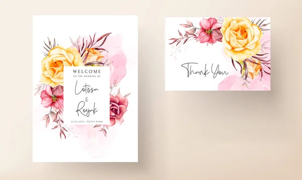 Cadres Fleurs Rouges Aquarelle Feuilles Sur Invitation Mariage — Image vectorielle