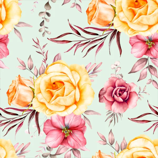 Modèle Aquarelle Floral Rouge Jaune Luxe Dessiné Main — Image vectorielle
