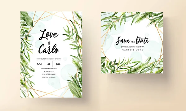 Huwelijksuitnodigingskaart Sjabloon Met Prachtige Groene Bladeren — Stockvector
