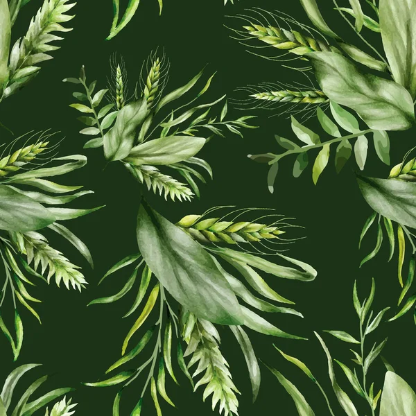 Elegante Padrão Sem Costura Verde Folhas Aquarela Design — Vetor de Stock