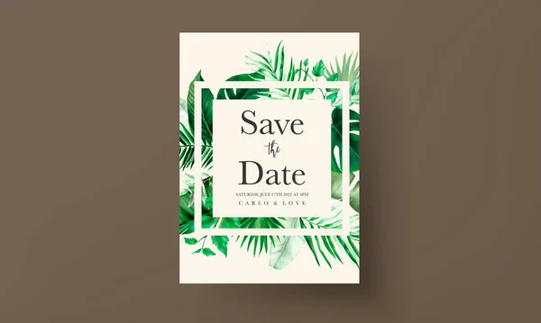 Elegant Wedding Invitation Card Green Tropical Watercolor — ストックベクタ