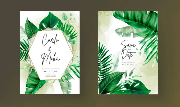 Elegante Hochzeitseinladungskarte Mit Grünen Tropischen Aquarellen — Stockvektor
