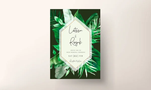 Elegant Wedding Invitation Card Green Tropical Watercolor — Stock Vector
