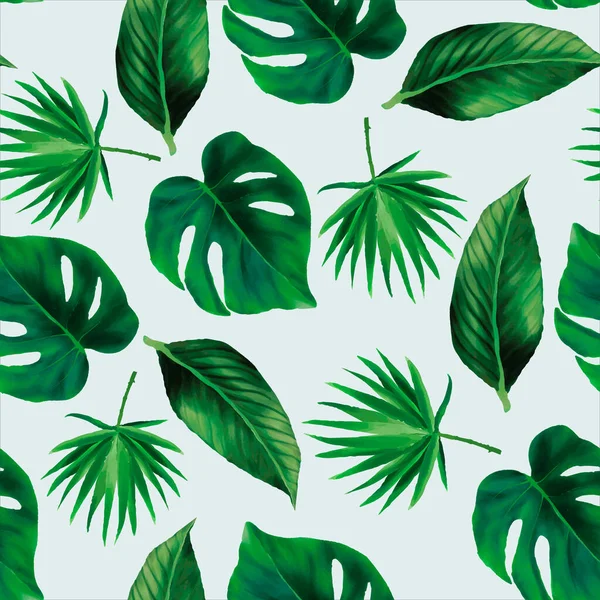 Elegant Green Tropical Leaves Watercolor Seamless Pattern — ストックベクタ