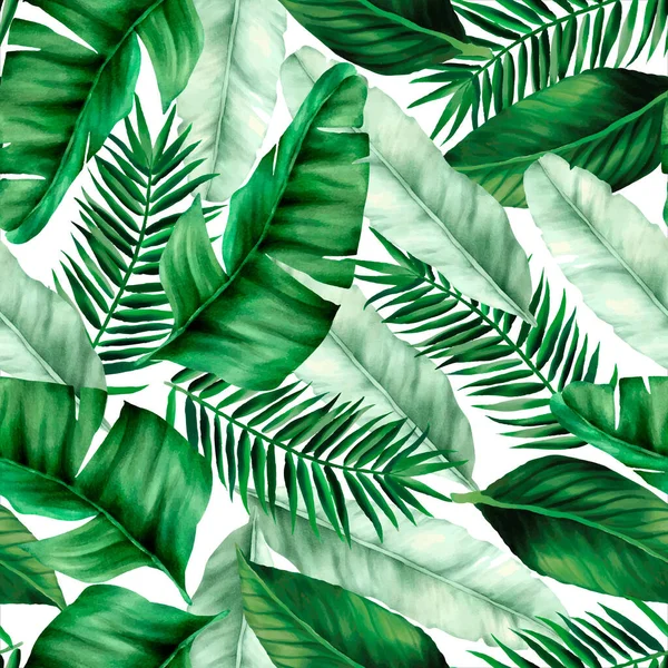 Eleganta Gröna Tropiska Blad Akvarell Sömlös Mönster — Stock vektor