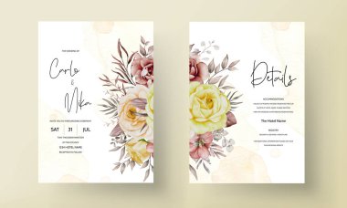 Düğün davetiyesi, zarif suluboya çiçekleri ve yapraklarla.