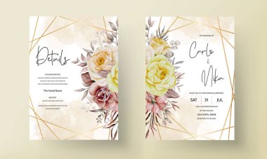 Düğün davetiyesi, zarif suluboya çiçekleri ve yapraklarla.