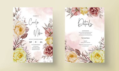 Düğün davetiyesi, zarif suluboya çiçekleri ve yapraklarla.