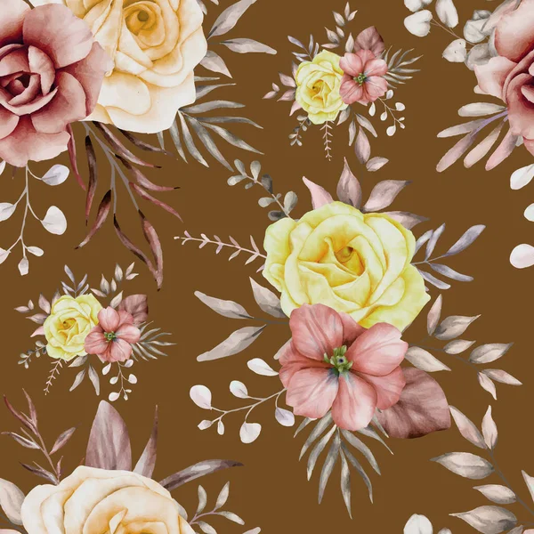 雅致的无缝花型 带有雅致的褐色花朵和叶子 — 图库矢量图片