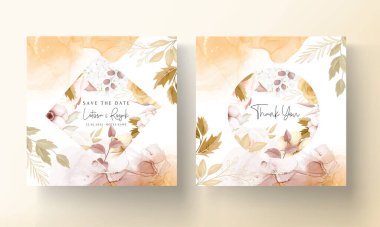 Çiçekli düğün davetiyesi şablonu. Zarif kahverengi çiçek yapraklarıyla.