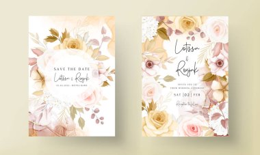 Çiçekli düğün davetiyesi şablonu. Zarif kahverengi çiçek yapraklarıyla.