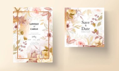 Çiçekli düğün davetiyesi şablonu. Zarif kahverengi çiçek yapraklarıyla.